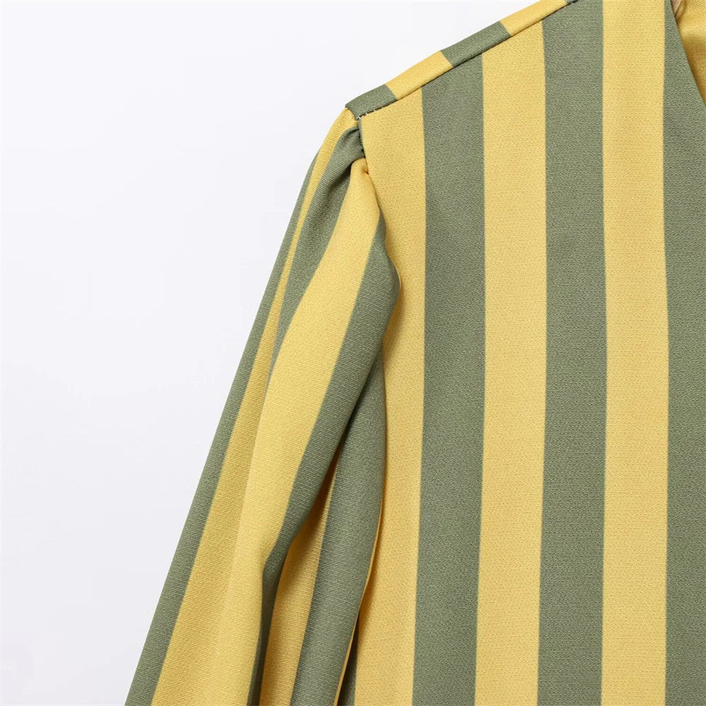 UNIZERA women's striped bubble sleeve top with round neck buckle decoration shirt for spring and summer casual women's wear