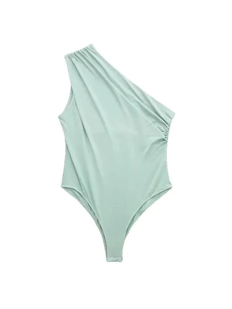 TRZA-Women's Ruched Asymmetric Bodysuits, One Shoulder, Wide Straps, Snap-Button, Female Playsuits, Sexy Fashion