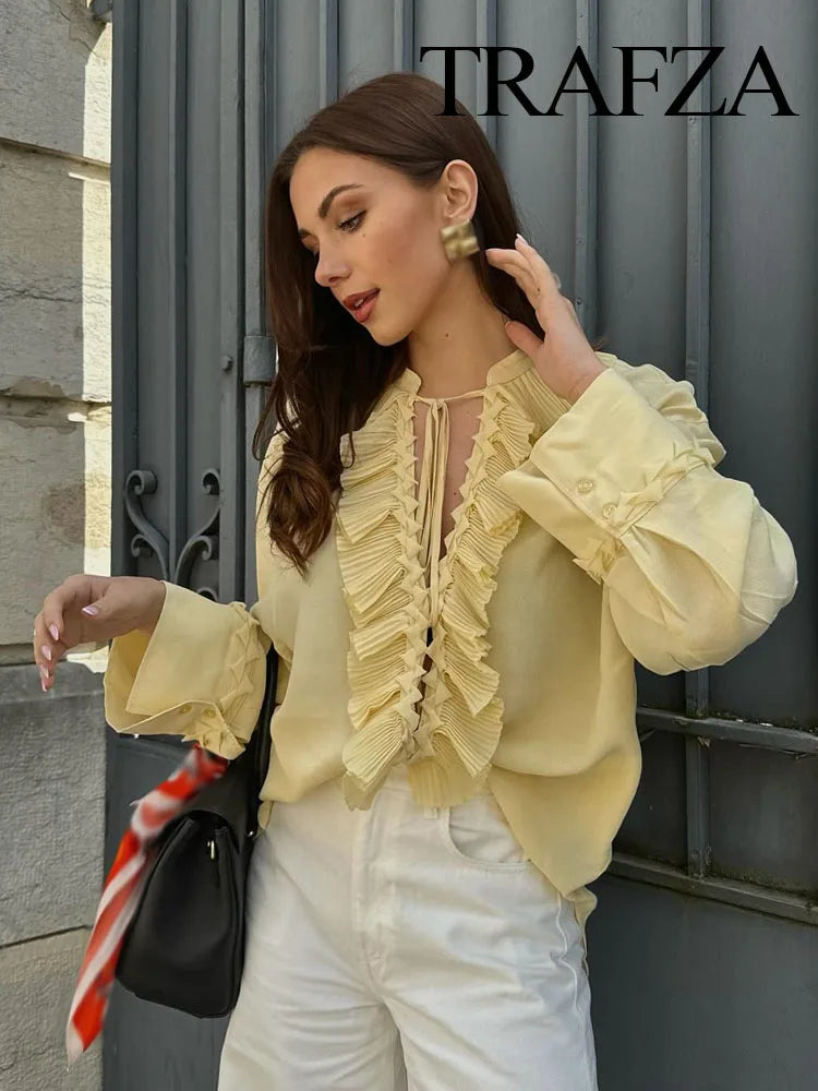 TRAFZA Female Summer Casual Chic Shirts Light Yellow V-Neck Long Sleeves Tierred Decoration Lace-Up Women's Fashion Blouses