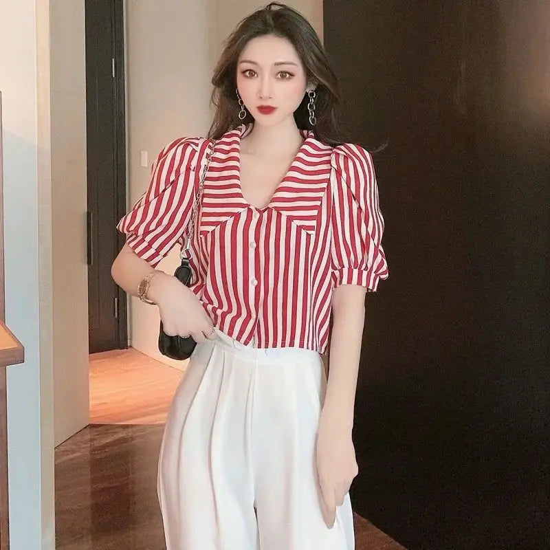 Striped Shirts Women Vintage Elegant Puff Sleeve Summer Office Lady Temper Camisas European Ins Y2k Clothes Designer High Street