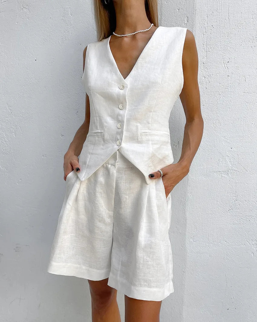 2025 Design Cotton Linen Suit Vest Suit Women's Summer Casual Sleeveless Vest Shorts Two-piece Set костюм женский летний