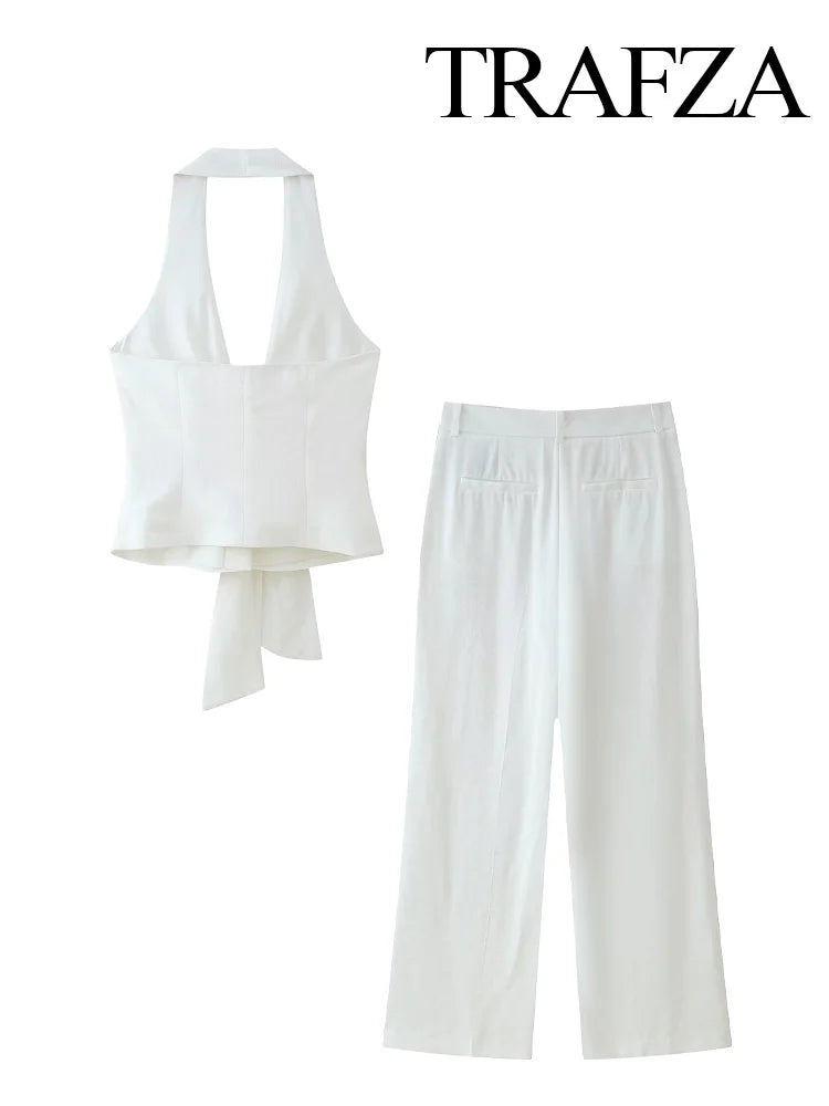 TRAFZA Women Pants Suit White Hanging Neck Collar Knot Decoration Top+Chic High Waist Side Pocket Zipper Pleated Wide-Leg Pants