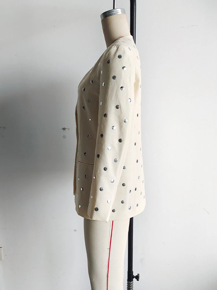 TRAFZA Women's Summer New Rivet Decorative V-neck No-button Casual Suit Jacket Female Temperature Sequin Suit Long Sleeve Jacket