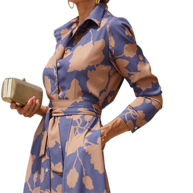 2024 Spring New Women's Fashion Style Printed Sexy Waist Strap Mid Length Single Breasted Long Sleeve Collar Dress