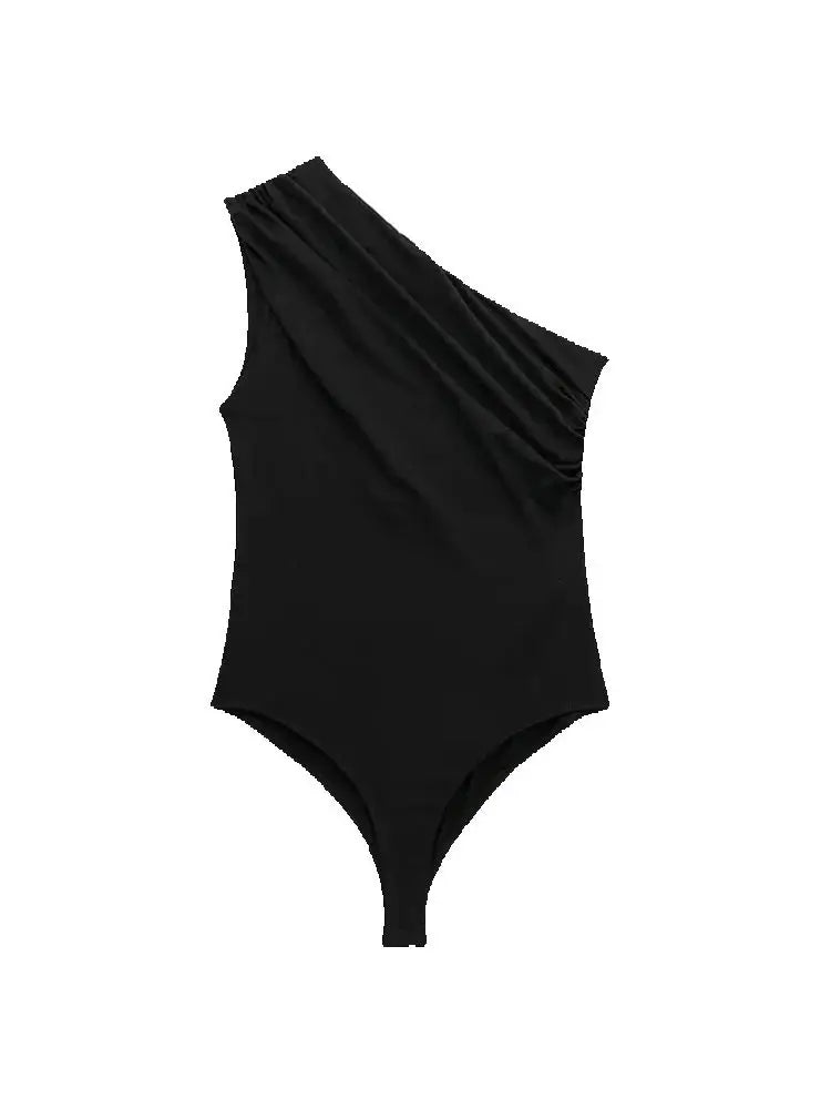 TRZA-Women's Ruched Asymmetric Bodysuits, One Shoulder, Wide Straps, Snap-Button, Female Playsuits, Sexy Fashion