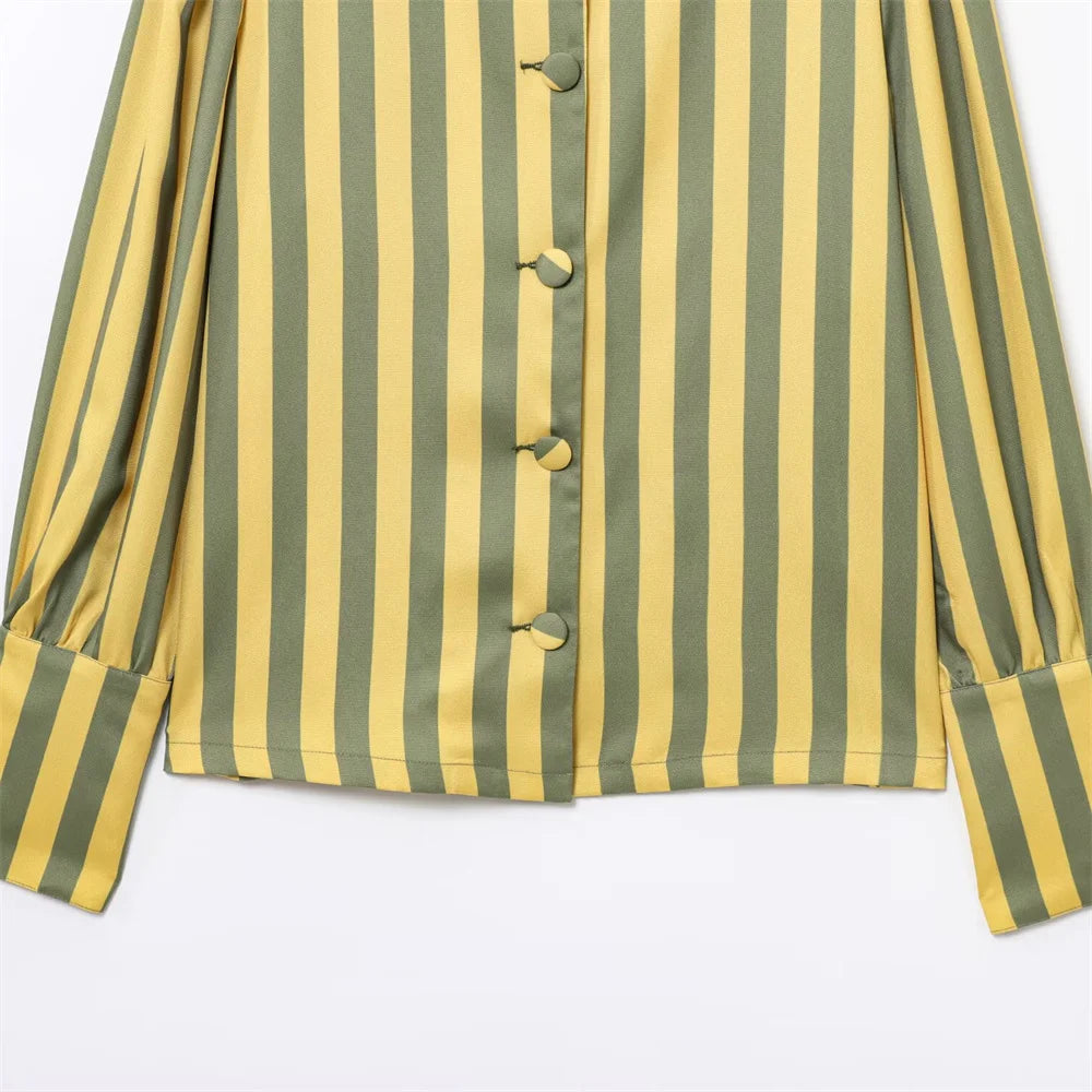 UNIZERA women's striped bubble sleeve top with round neck buckle decoration shirt for spring and summer casual women's wear
