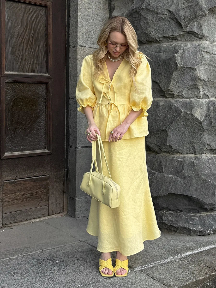 Tossy Summer Ruffled 2 Piece-Set Maxi Skirt For Women V-Neck Lace-Up Short Sleeve Shirts Top And Slim High Waist Long Skirt Sets