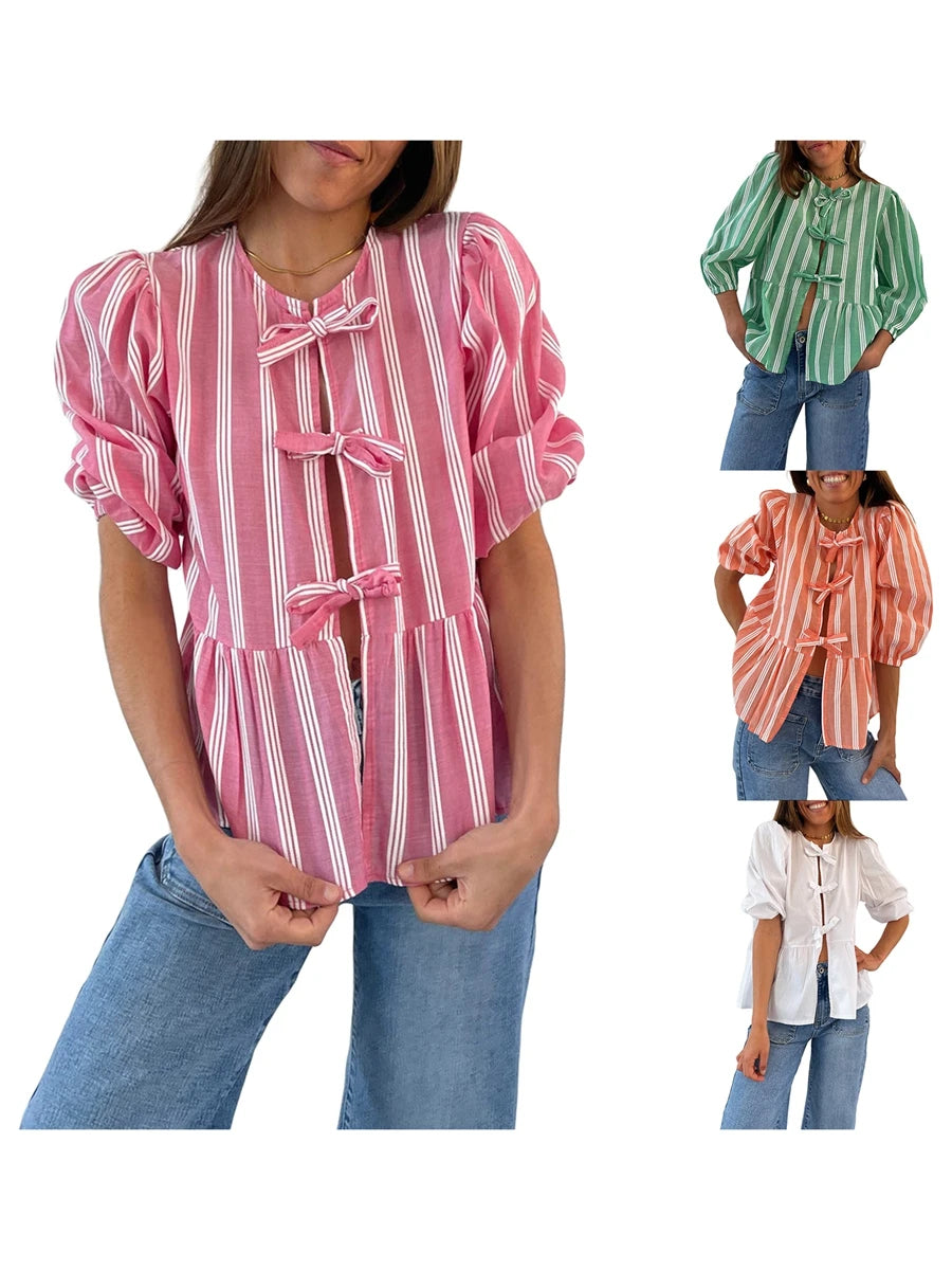 Women's Y2K Kawaii Summer Peplum Blouses Tops 3/4 Puff Sleeve Round Neck Bow Knot Tie-Up Front Babydoll Flare Casual Shirts