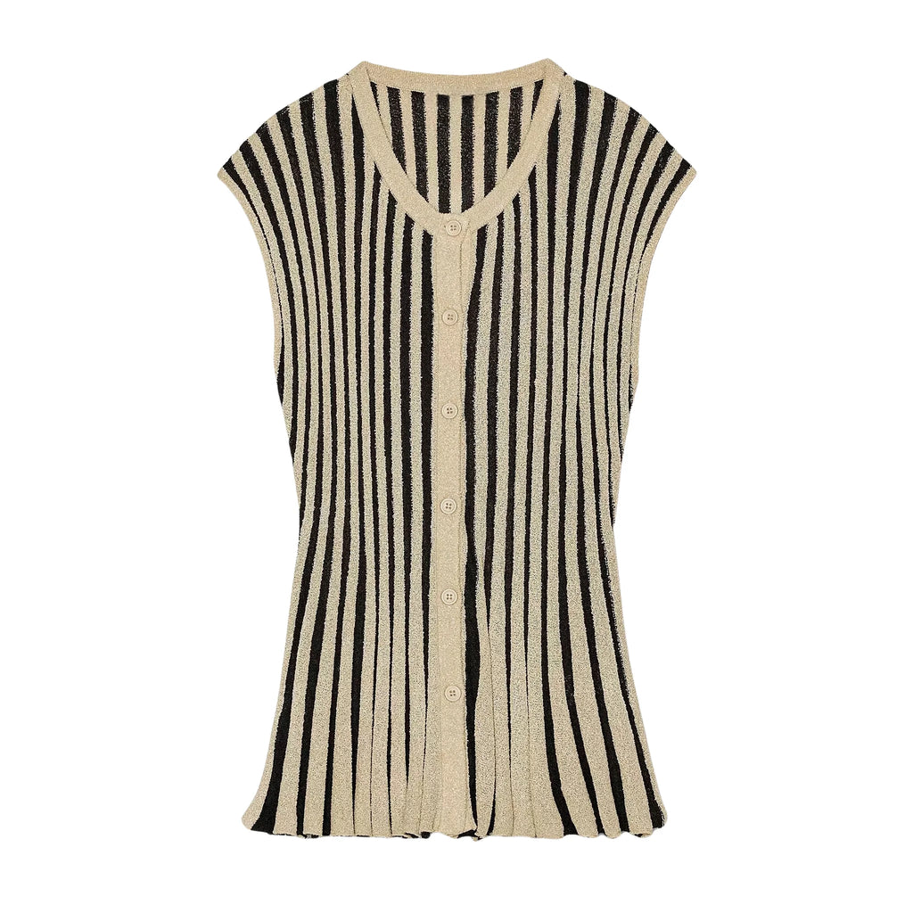 PB&ZA2025 Summer New Women's Striped Cut Drop Shoulder Sleeveless Knitted Jacket Top + Spliced Cut Knitted Casual Pants