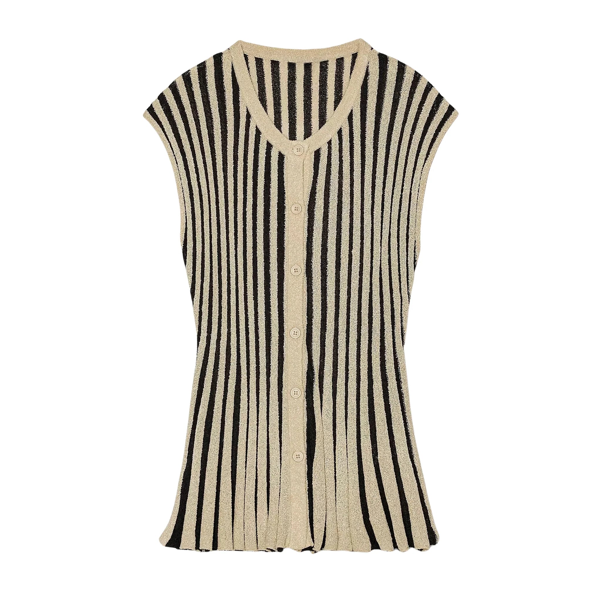 PB&ZA2025 Summer New Women's Striped Cut Drop Shoulder Sleeveless Knitted Jacket Top + Spliced Cut Knitted Casual Pants