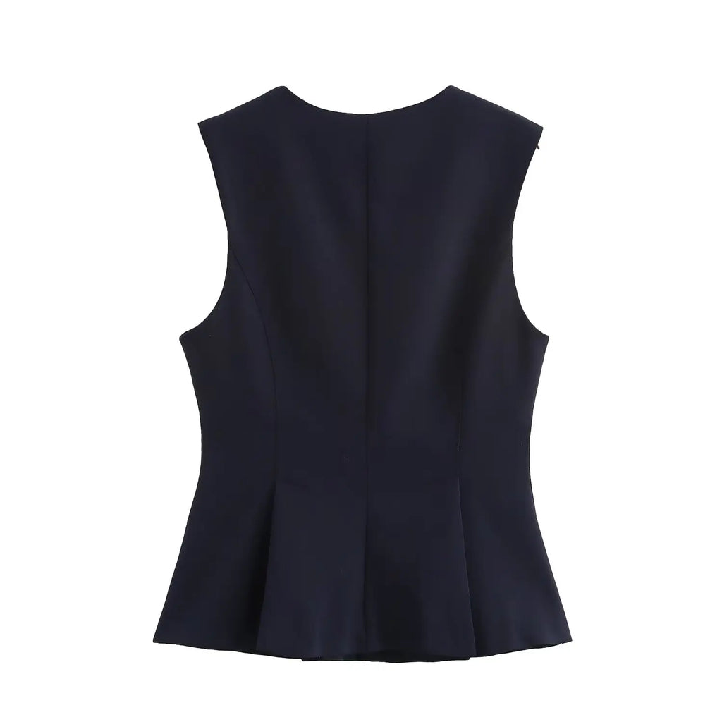 TFMLN 2025 Summer Women Solid Zipper Tops Vintage Causal Sleeveless O Neck Tank T Shirt Fashion Pleated Vest High Street Top