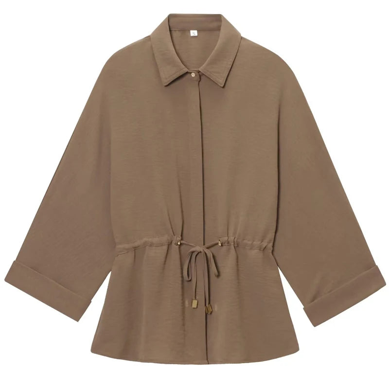 HXAO Safari Brown Pant Sets Women's Two Pieces Set Tunic Long Sleeve Shirt 2 Piece Sets Outfits High Waist Wide Leg Trouser Sets