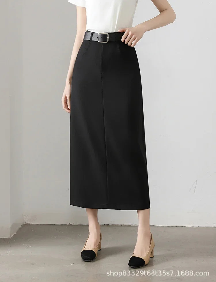 High Waist A- Line Long Skirt for Women in Black And Grey Suiting Spring Autumn Straight Cut Wrap around Skirt Polyester Fiber