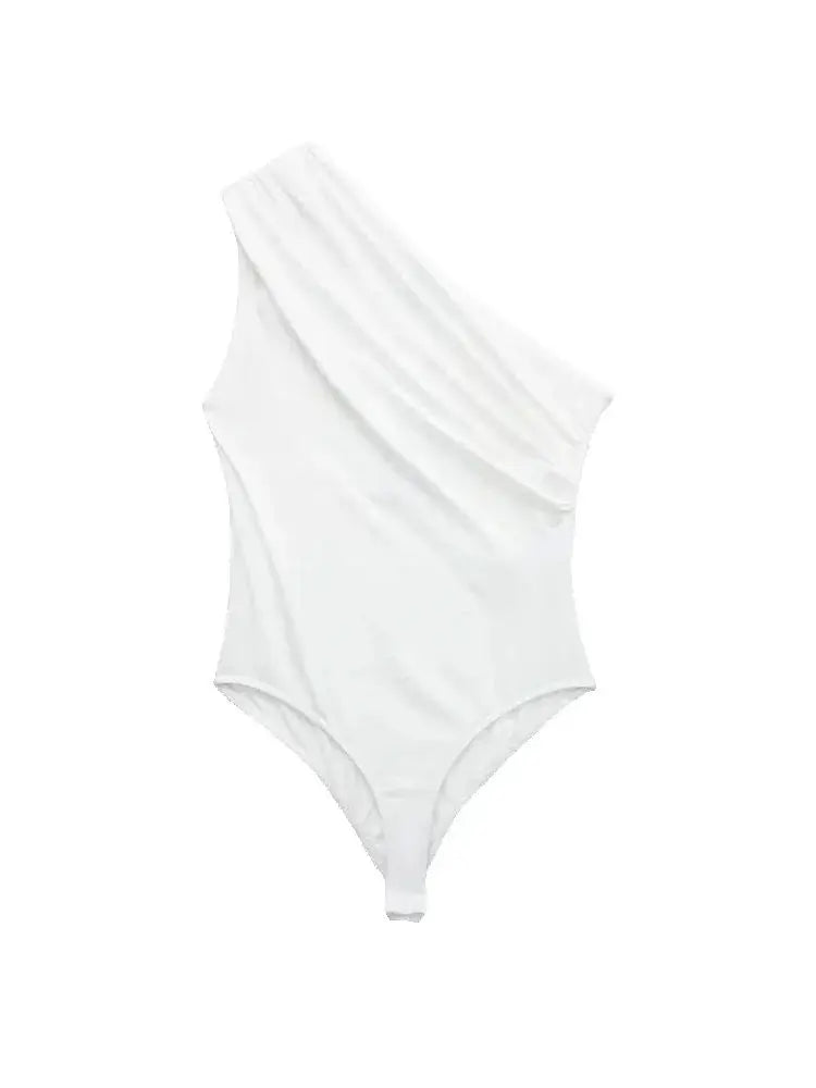 TRZA-Women's Ruched Asymmetric Bodysuits, One Shoulder, Wide Straps, Snap-Button, Female Playsuits, Sexy Fashion