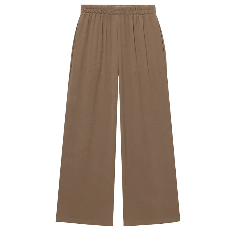 HXAO Safari Brown Pant Sets Women's Two Pieces Set Tunic Long Sleeve Shirt 2 Piece Sets Outfits High Waist Wide Leg Trouser Sets