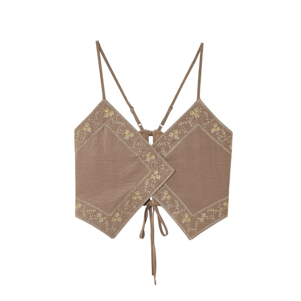 TRAFZA Female Summer Sexy Sling Tops Light Brown V-Neck Sleeveless Embroidery Lace-Up Decoration Women's Fashion Short Tops