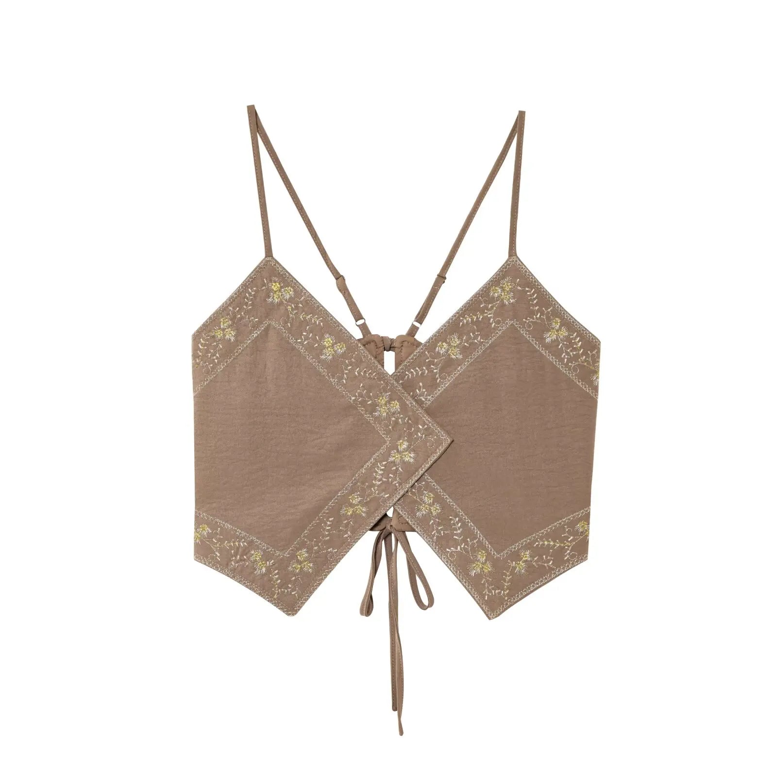 TRAFZA Female Summer Sexy Sling Tops Light Brown V-Neck Sleeveless Embroidery Lace-Up Decoration Women's Fashion Short Tops