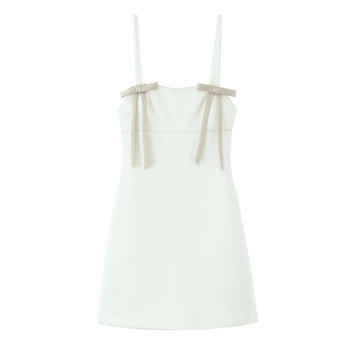 TRAFZA Women Summer New Bow Trim Silk Satin Short Sling Dress Female Elegant Straight Collar Backless Zipper Sleeveless Dress