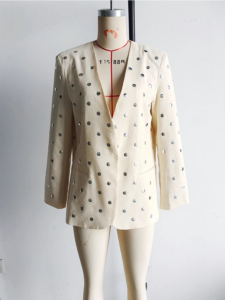 TRAFZA Women's Summer New Rivet Decorative V-neck No-button Casual Suit Jacket Female Temperature Sequin Suit Long Sleeve Jacket