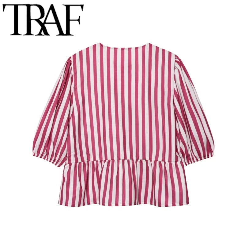 TRAF 2025 Woman Fashion Spring Summer Small Niche Lace Up Loose Top Sets Casual High Waisted Short Suits