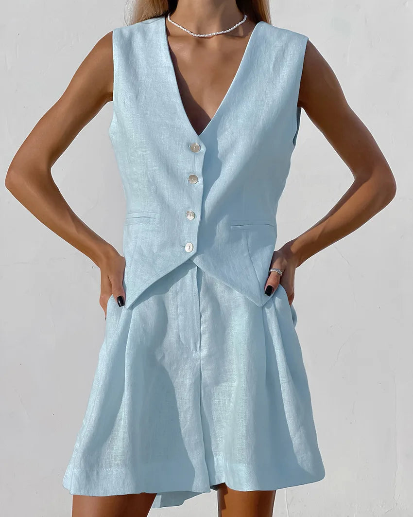 2025 Design Cotton Linen Suit Vest Suit Women's Summer Casual Sleeveless Vest Shorts Two-piece Set костюм женский летний