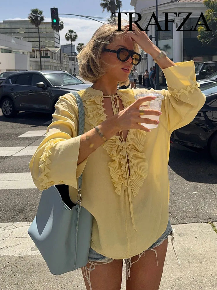 TRAFZA Female Summer Casual Chic Shirts Light Yellow V-Neck Long Sleeves Tierred Decoration Lace-Up Women's Fashion Blouses
