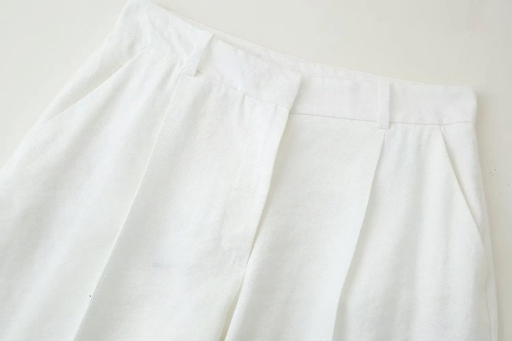 TRAFZA Women Pants Suit White Hanging Neck Collar Knot Decoration Top+Chic High Waist Side Pocket Zipper Pleated Wide-Leg Pants