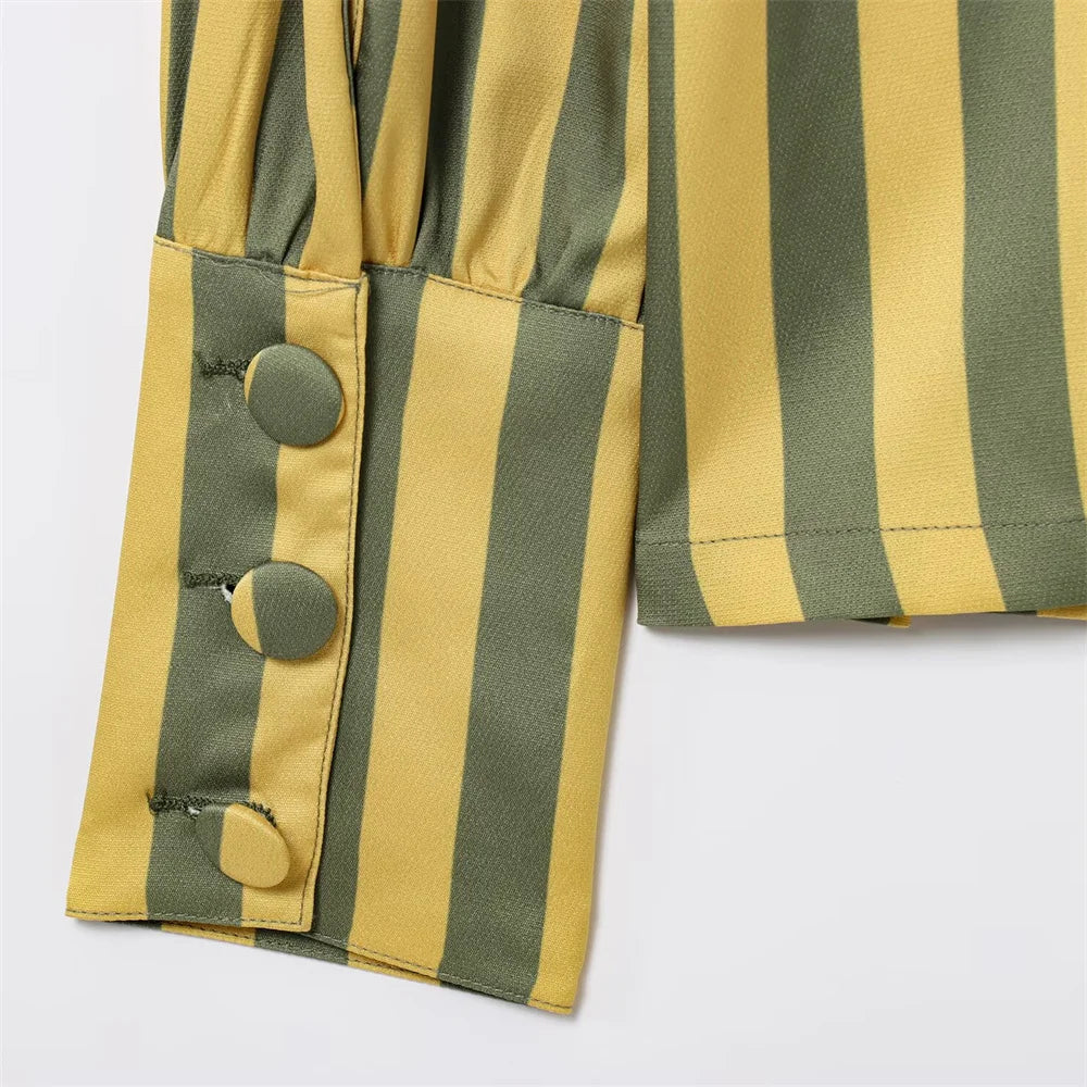 UNIZERA women's striped bubble sleeve top with round neck buckle decoration shirt for spring and summer casual women's wear