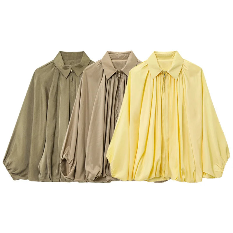TRAFZA Spring Woman Elegant Chic Zipper Design Solid Casual Coat Women Lapel Bat Sleeve Pleated Decoration Loose Jacket Top
