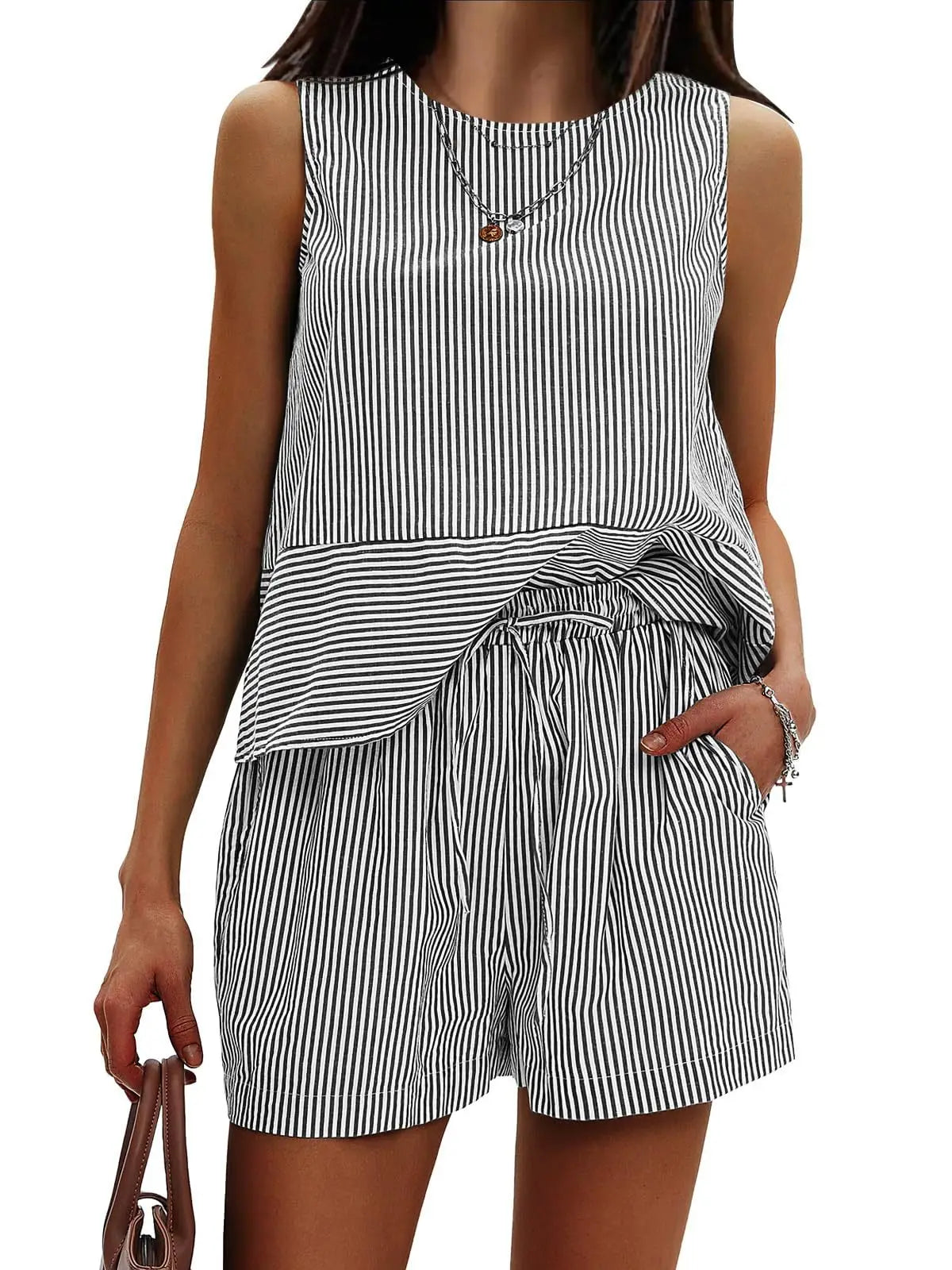 2025 New European and American Style Store Women's Summer 2-Piece Set Sleeveless Top and Shorts Striped Sports
