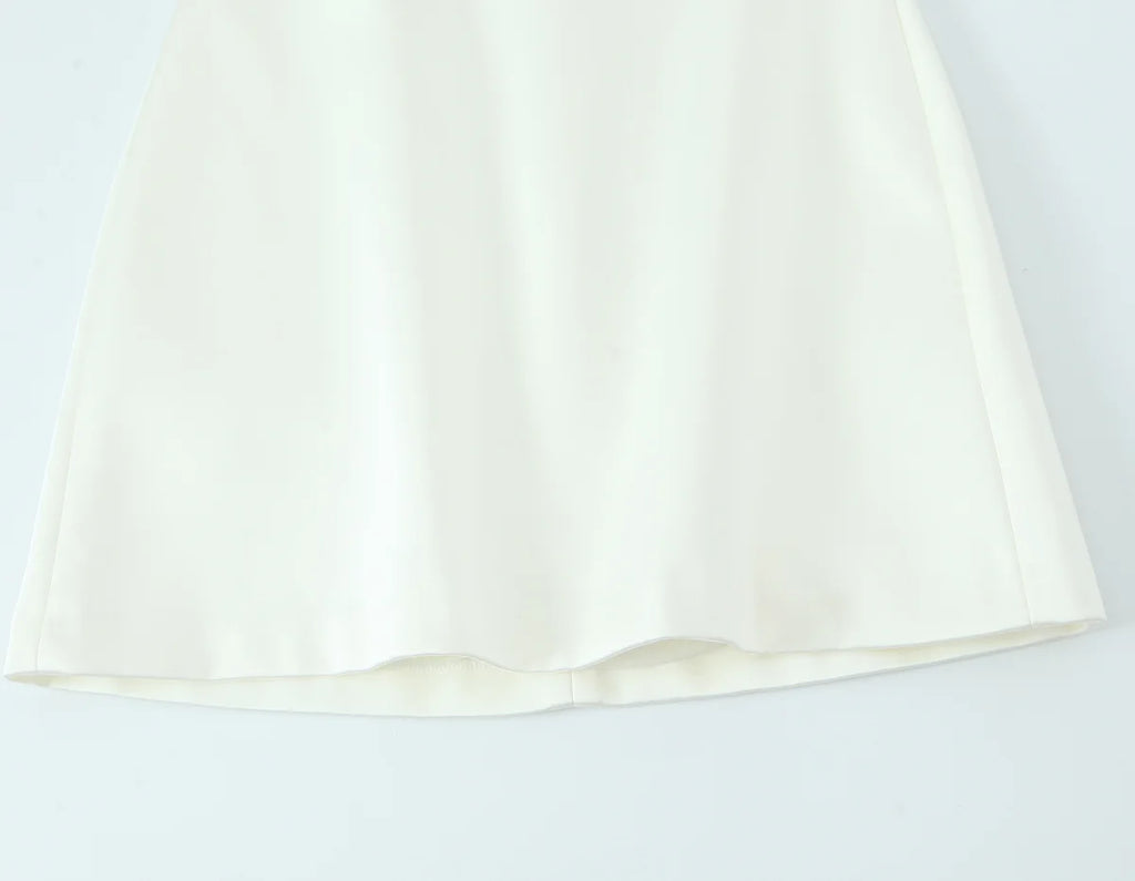 TRAFZA Women Summer New Bow Trim Silk Satin Short Sling Dress Female Elegant Straight Collar Backless Zipper Sleeveless Dress