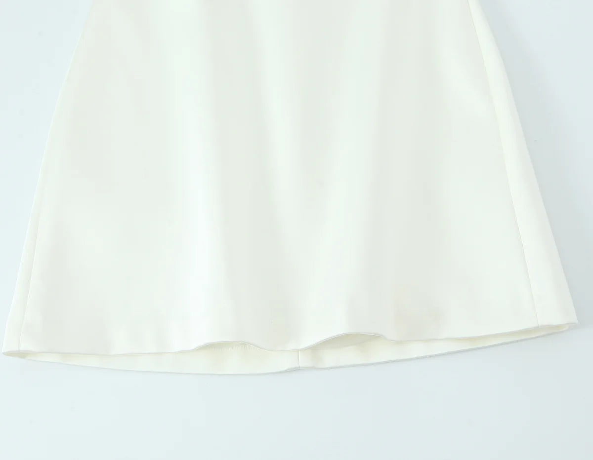 TRAFZA Women Summer New Bow Trim Silk Satin Short Sling Dress Female Elegant Straight Collar Backless Zipper Sleeveless Dress