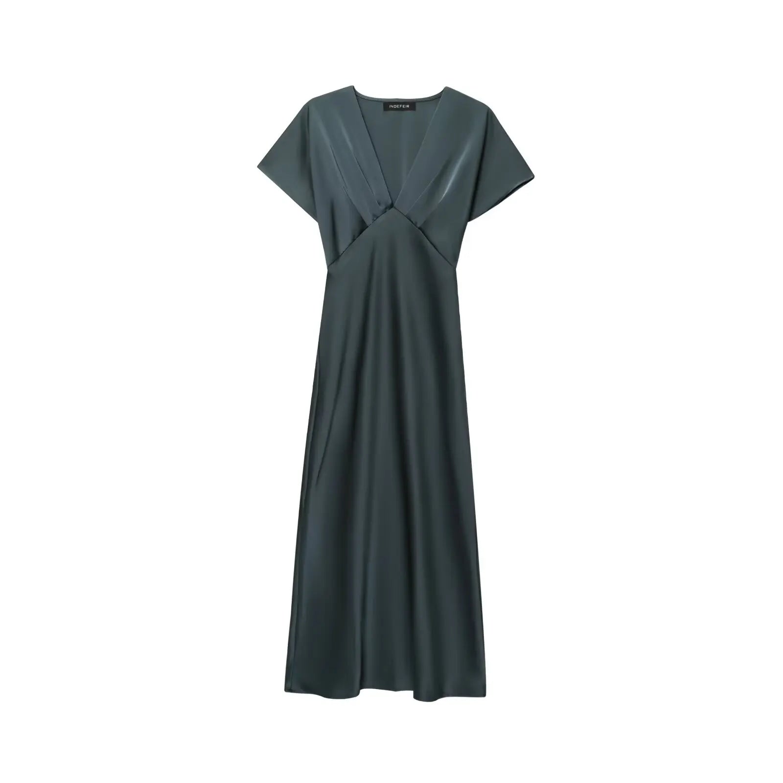 TRAFZA Summer Causal Silk Satin Texture Dresses For Women Pleated Short Sleeves Vintage V-neck Summer Pajama Style Midi Dresses
