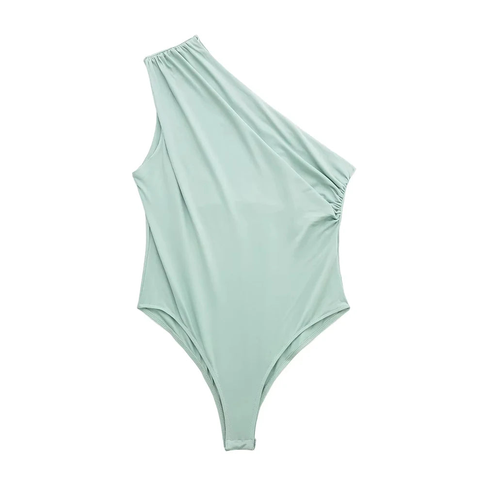 TRZA-Women's Ruched Asymmetric Bodysuits, One Shoulder, Wide Straps, Snap-Button, Female Playsuits, Sexy Fashion