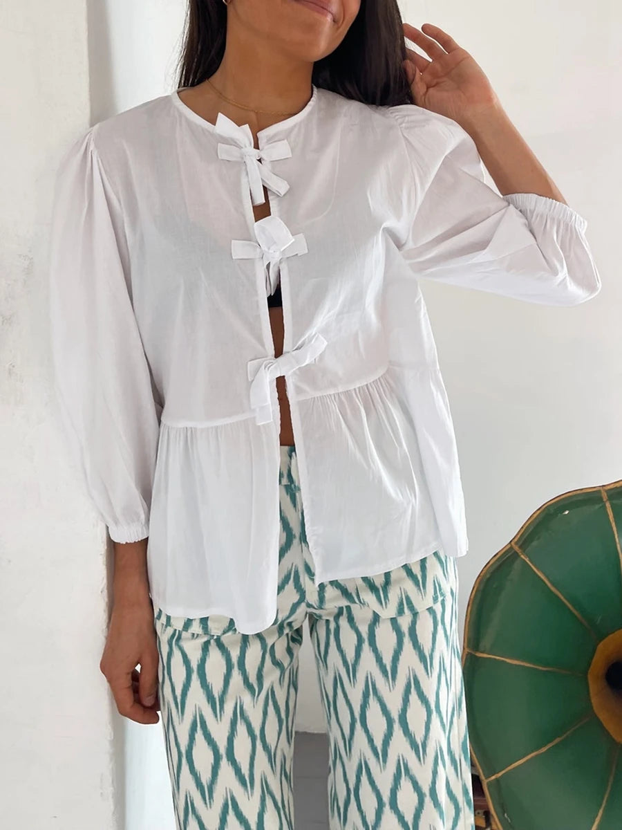 Women's Y2K Kawaii Summer Peplum Blouses Tops 3/4 Puff Sleeve Round Neck Bow Knot Tie-Up Front Babydoll Flare Casual Shirts