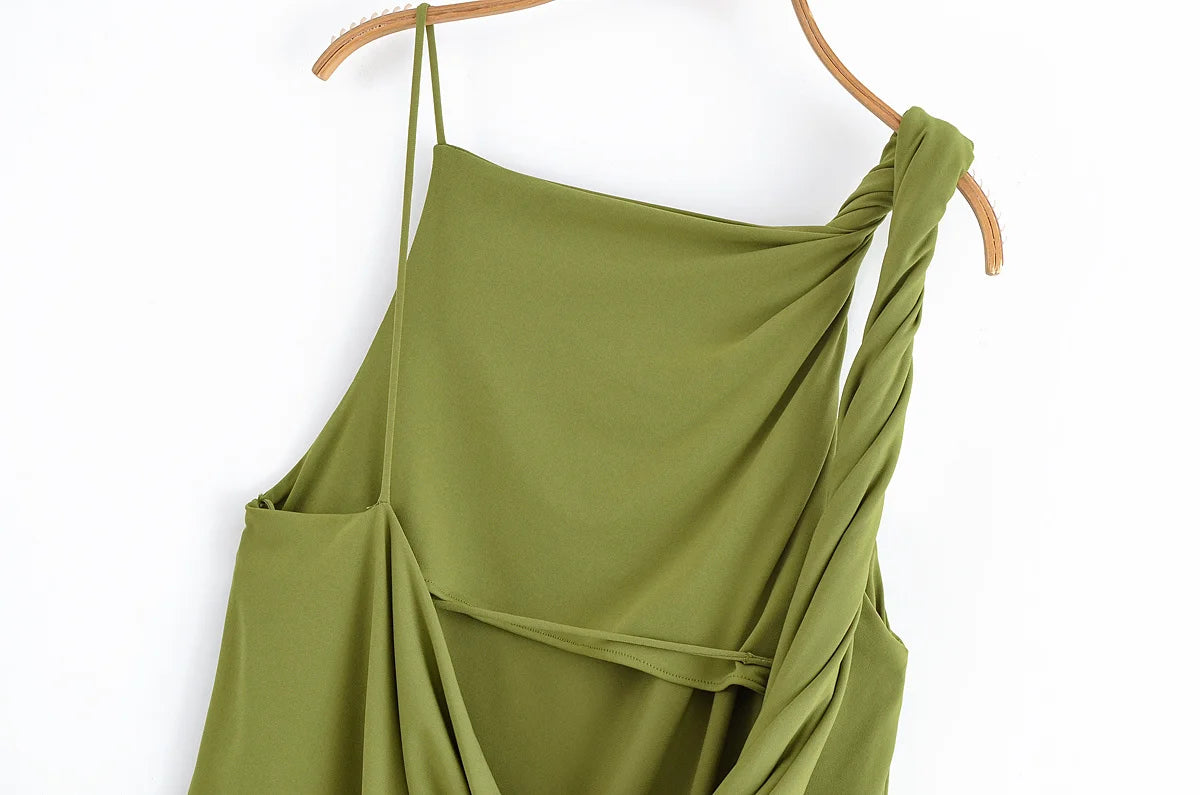 TRAFZA Women's Fashion Solid Pants Suit Backless Design With Pleated Asymmetric Sling Top Elastic Waist Wide-Leg Pants Set