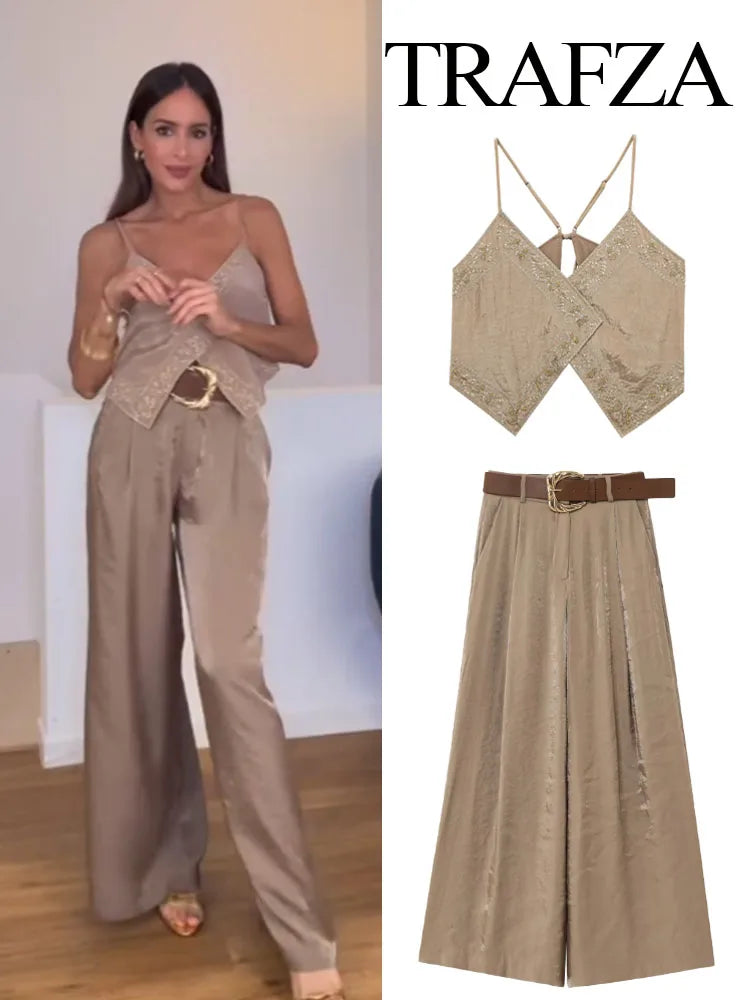 TRAFZA Female Summer Sexy Sling Tops Light Brown V-Neck Sleeveless Embroidery Lace-Up Decoration Women's Fashion Short Tops
