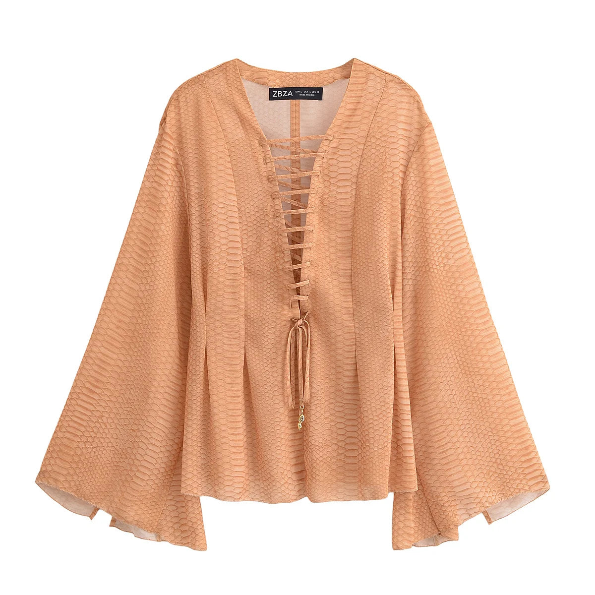 TRAFZA Women's 2025 Summer Versatile V-neck Lace-up Decorative Chiffon Loose Shirt Female Thin Pullover Casual Long Sleeve Shirt