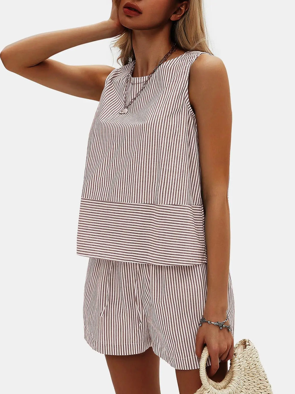 2025 New European and American Style Store Women's Summer 2-Piece Set Sleeveless Top and Shorts Striped Sports