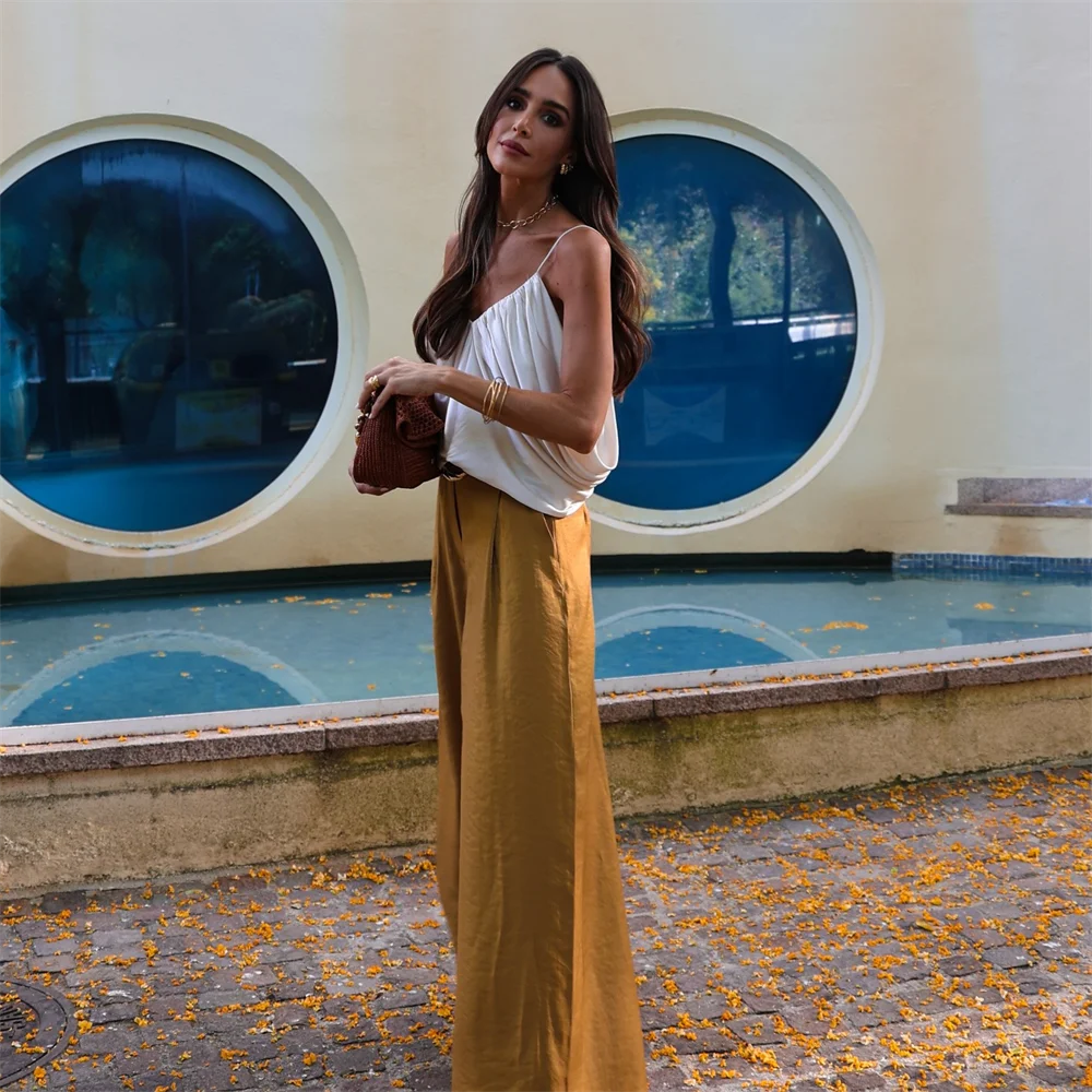 PB&ZA2025 Summer New Women's Solid Color Temperament Matching Belt Satin Textured Wide Leg Casual Pants
