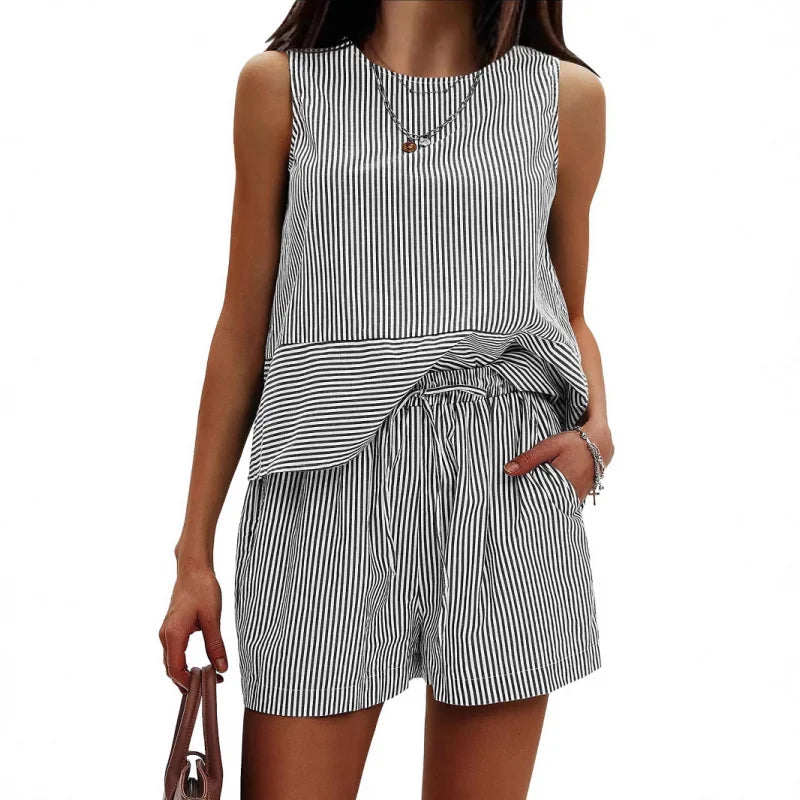 2025 New European and American Style Store Women's Summer 2-Piece Set Sleeveless Top and Shorts Striped Sports
