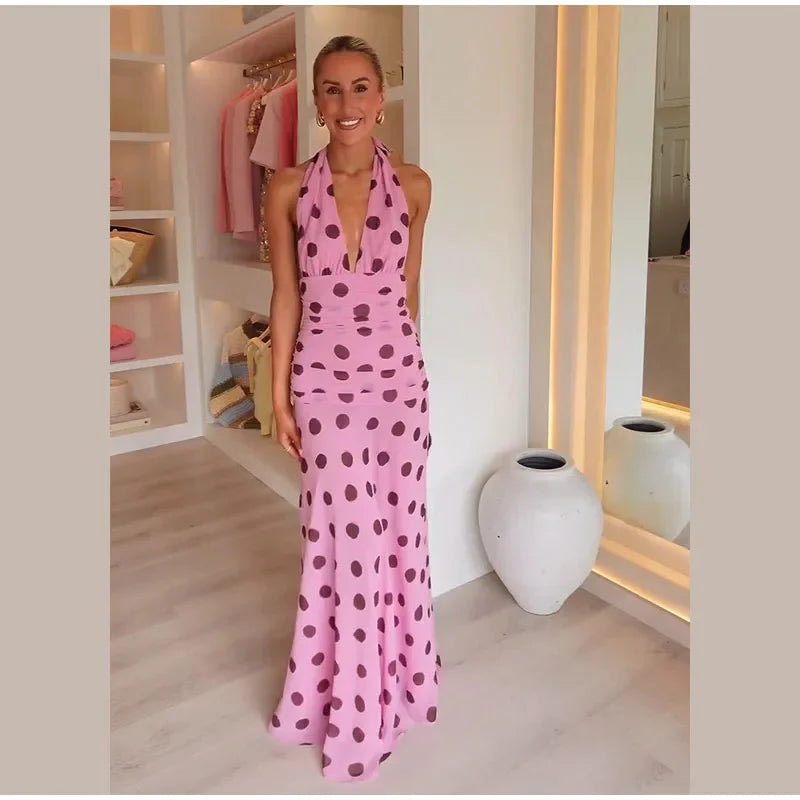 JULISSA MO Print Polka Dot Halter Women Maxi Dress Pink Sexy Backless V-neck Dress Femme Summer Slim Elegant Party Evening Dress