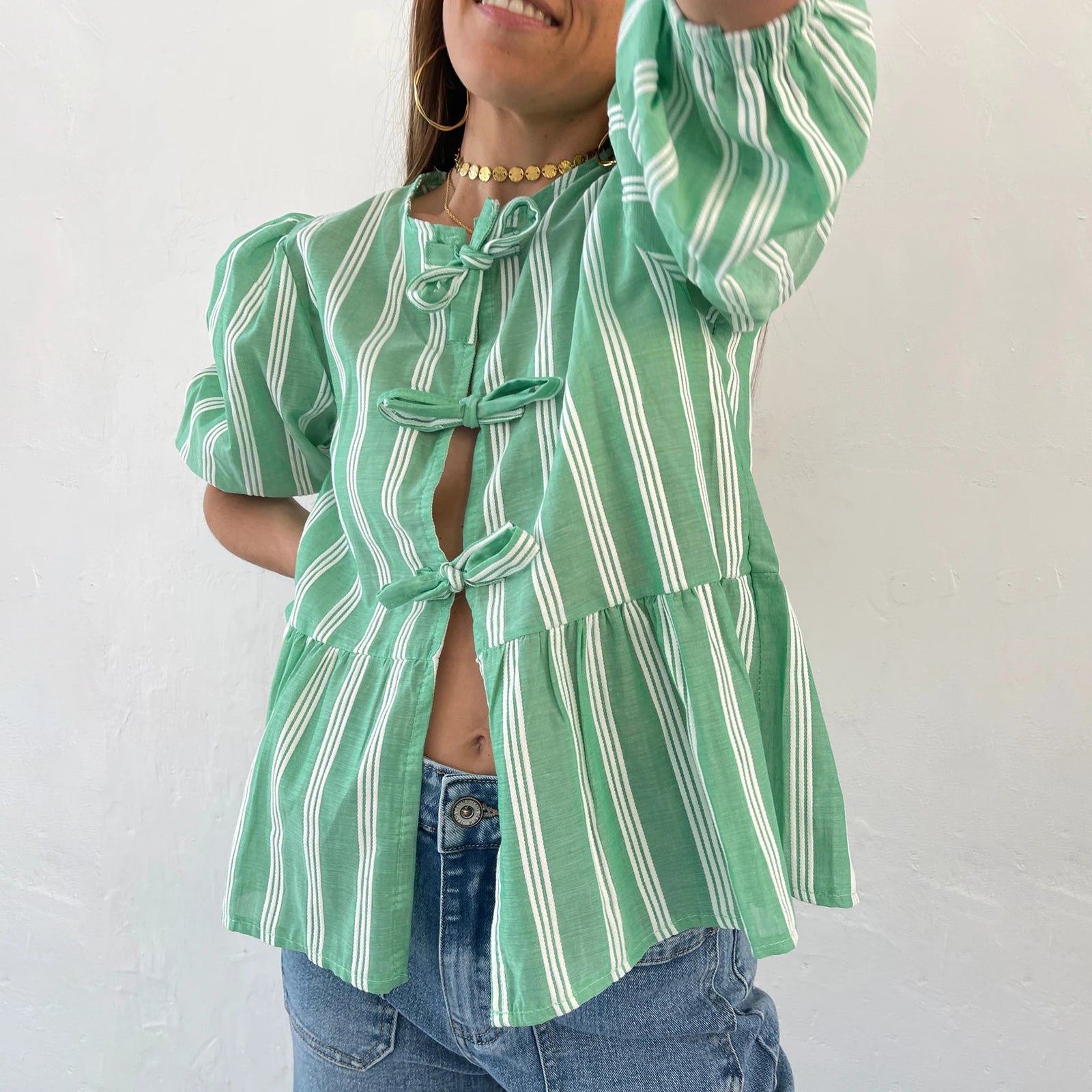 Women's Y2K Kawaii Summer Peplum Blouses Tops 3/4 Puff Sleeve Round Neck Bow Knot Tie-Up Front Babydoll Flare Casual Shirts