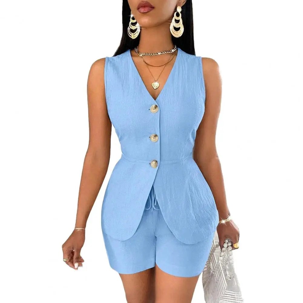 Women's Summer 2 Piece Outfits Sleeveless V Neck Button Down Vest Top Lace-up Shorts Set Casual Office Lady Business Suit