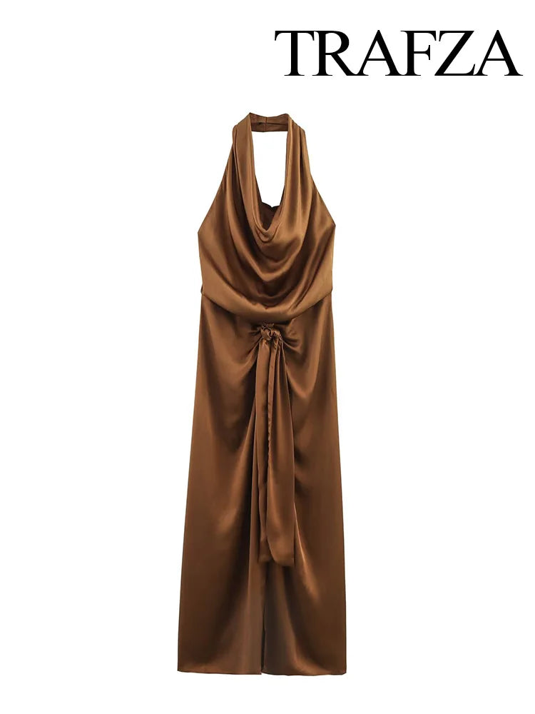 TRAFZA Women 2025 Fashion Solid Satin Texture Sleeveless Midi Dress Female Spring Hanging Neck Collar Hollow Out Long Dress