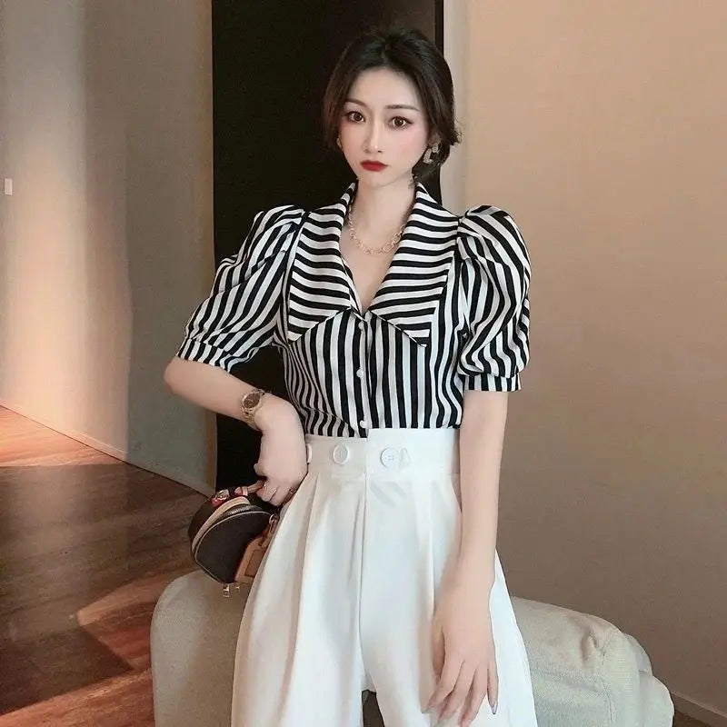 Striped Shirts Women Vintage Elegant Puff Sleeve Summer Office Lady Temper Camisas European Ins Y2k Clothes Designer High Street