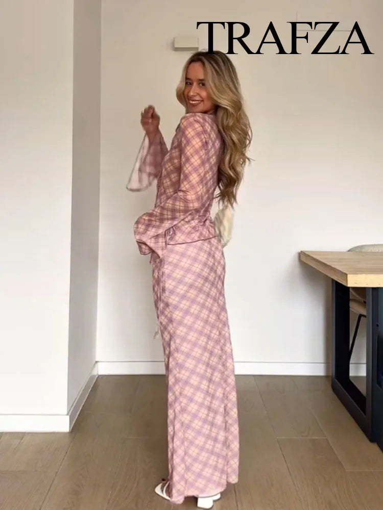 TRAFZA Women 2 Piece Set Chic Lace V-Neck Plaid Decorate Long Sleeves Shirt Top+Fashion Mid Waist Pull Rope Loose Long Skirt
