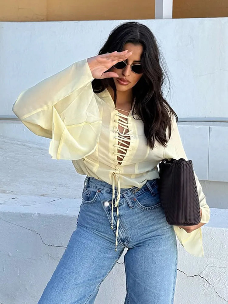 TRAFZA Women's 2025 Summer Versatile V-neck Lace-up Decorative Chiffon Loose Shirt Female Thin Pullover Casual Long Sleeve Shirt
