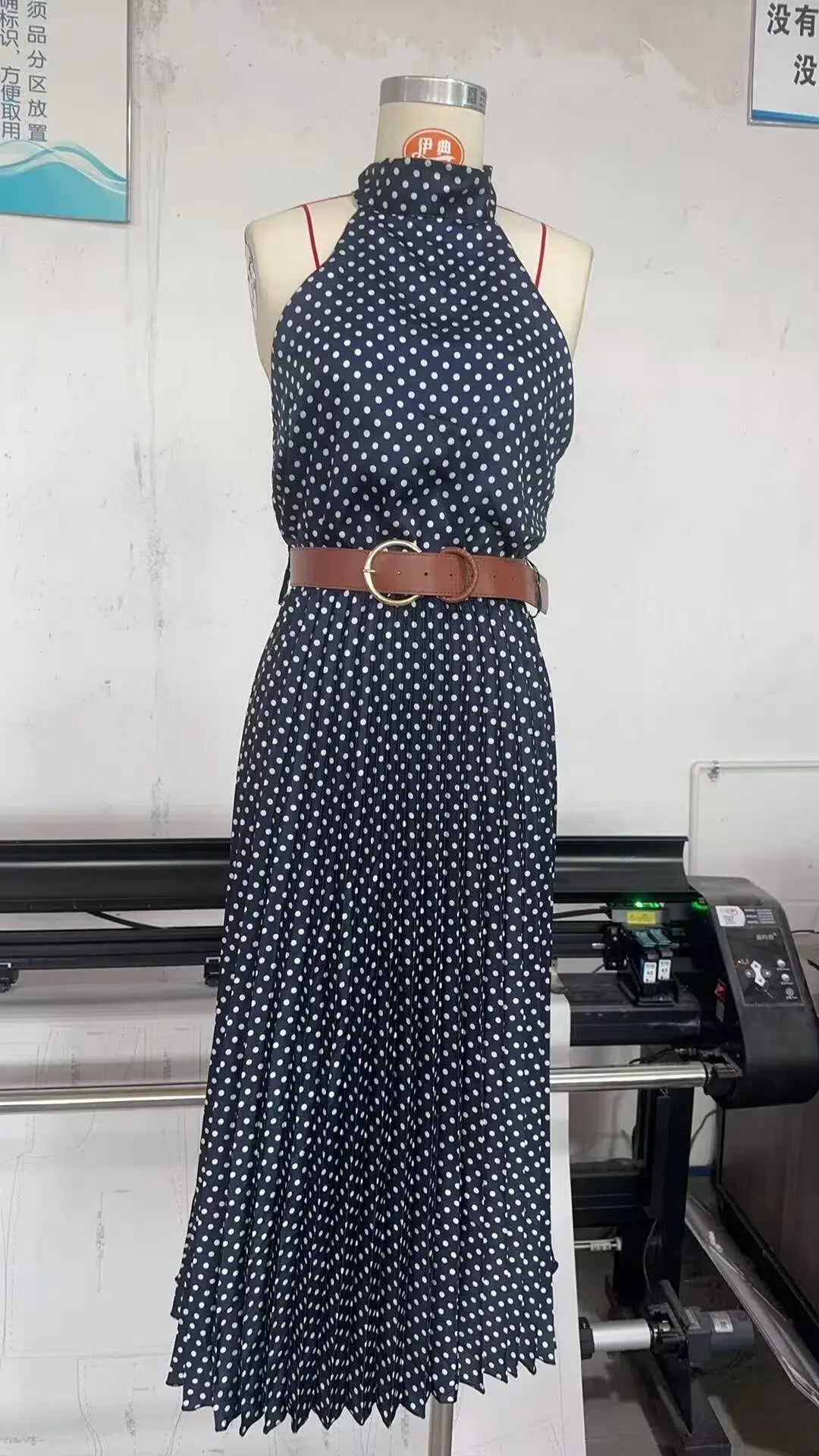 TRAF European and American style summer new fashion trend women's slim fit with belt polka dot halter neck midi dress