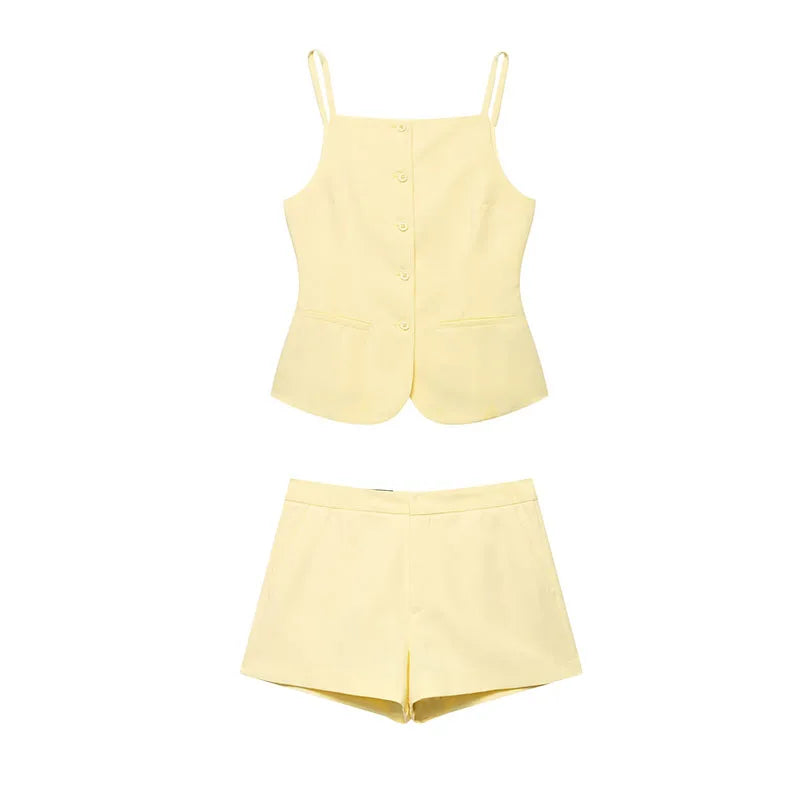 TRAFZA Women's Solid Square Collar Single Breasted Sleeveless Short Top+High Waist Zipper Side Pocket Shorts Female Slim Suits